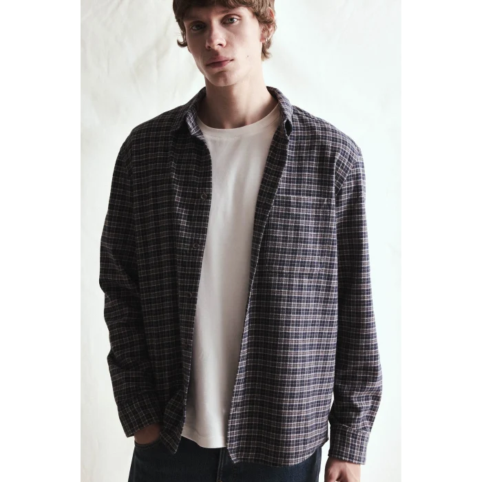 Defacto I0183AXNV64 Lacivert %100 Pamuk Regular Fit Polo Yaka Kareli Flanel Uzun Kollu Gömlek
