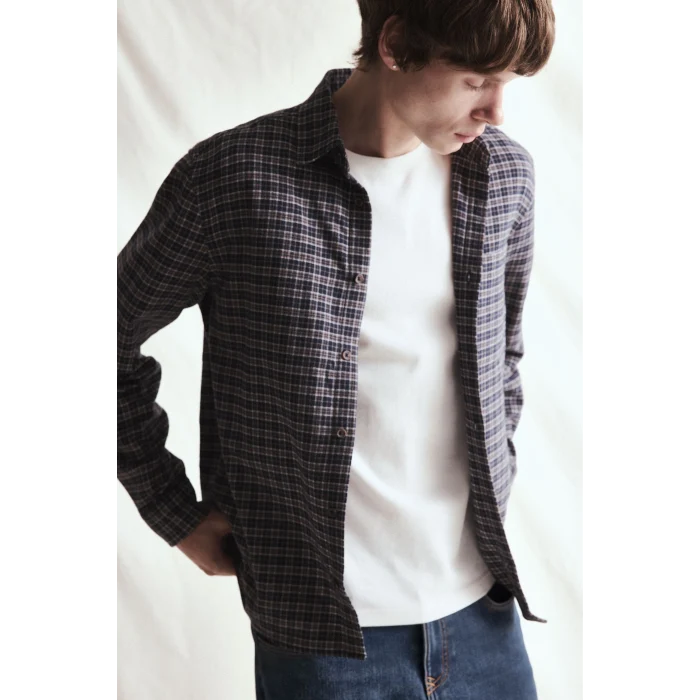 Defacto I0183AXNV64 Lacivert %100 Pamuk Regular Fit Polo Yaka Kareli Flanel Uzun Kollu Gömlek