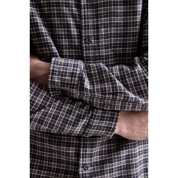 Defacto I0183AXNV64 Lacivert %100 Pamuk Regular Fit Polo Yaka Kareli Flanel Uzun Kollu Gömlek