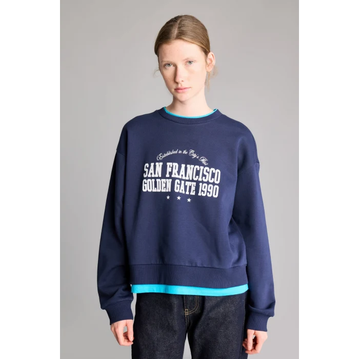 Defacto I3336AXNV251 Lacivert Relaxed Fit Bisiklet Yaka Baskılı Sweatshirt