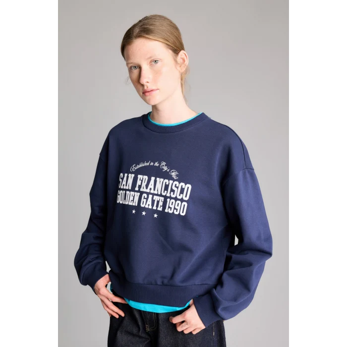 Defacto I3336AXNV251 Lacivert Relaxed Fit Bisiklet Yaka Baskılı Sweatshirt