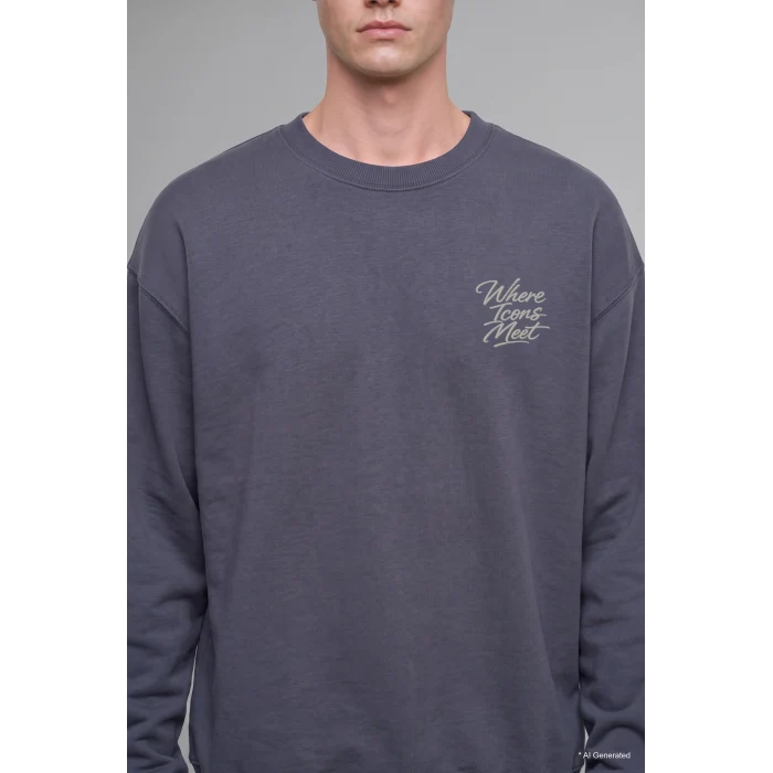 Defacto H9863AXGR328 Gri Boxy Fit Bisiklet Yaka Sırtı Baskılı Sweatshirt