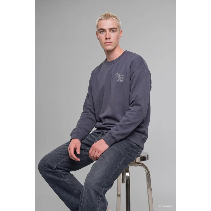 Defacto H9863AXGR328 Gri Boxy Fit Bisiklet Yaka Sırtı Baskılı Sweatshirt