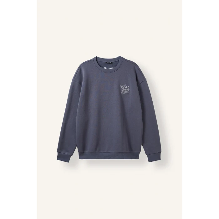 Defacto H9863AXGR328 Gri Boxy Fit Bisiklet Yaka Sırtı Baskılı Sweatshirt