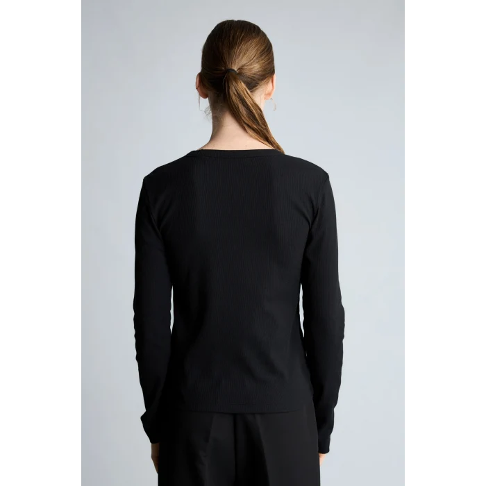 Defacto I4450AXBK81 Siyah Slim Fit Bisiklet Yaka Fitilli Kaşkorse Uzun Kollu Basic Tişört