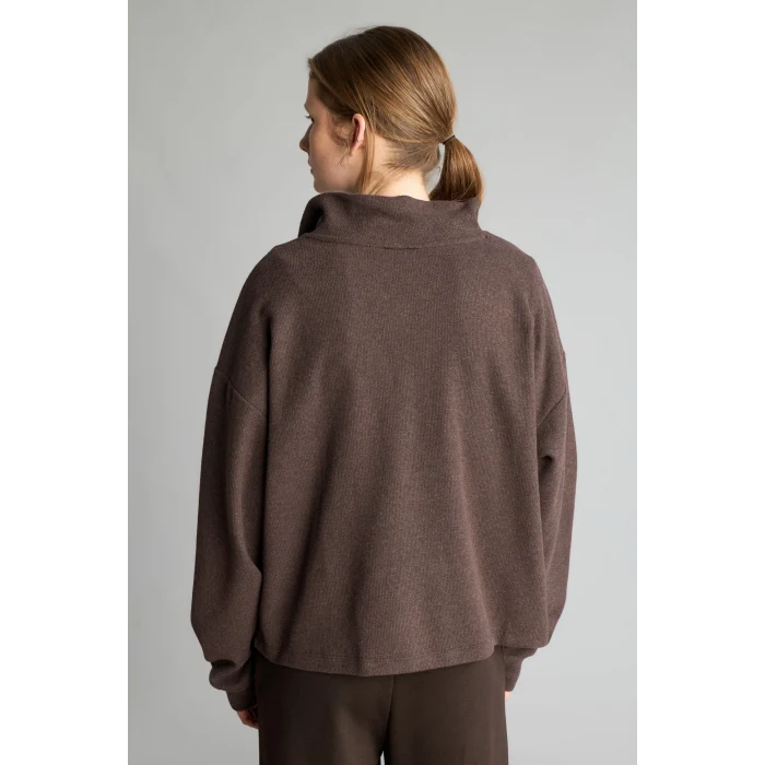 Defacto J1456AXBN151 Kahve Relaxed Fit Yarım Fermuarlı Nakışlı Selanik Kumaş Sweatshirt