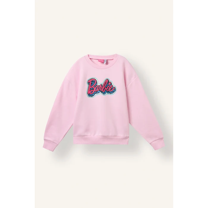 Defacto I5077A8PN47 Pembe Barbie Relaxed Fit Bisiklet Yaka Baskılı İçi Yumuşak Tüylü Kalın Sweatshirt Kız Çocuk