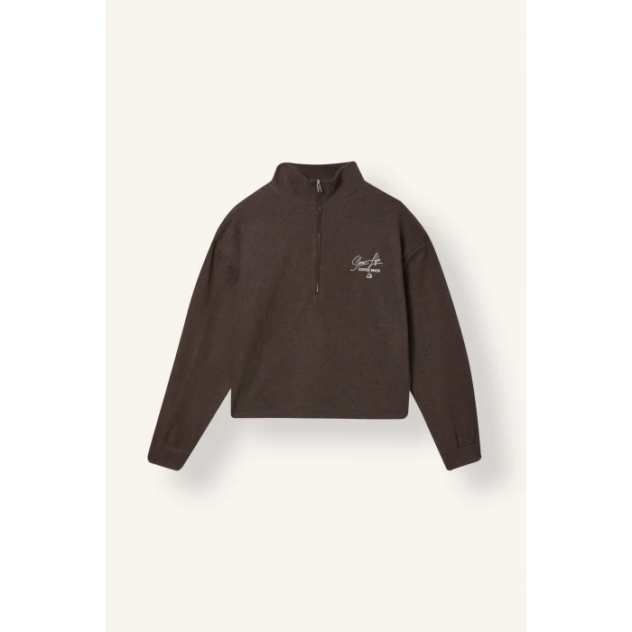 Defacto J1456AXBN151 Kahve Relaxed Fit Yarım Fermuarlı Nakışlı Selanik Kumaş Sweatshirt