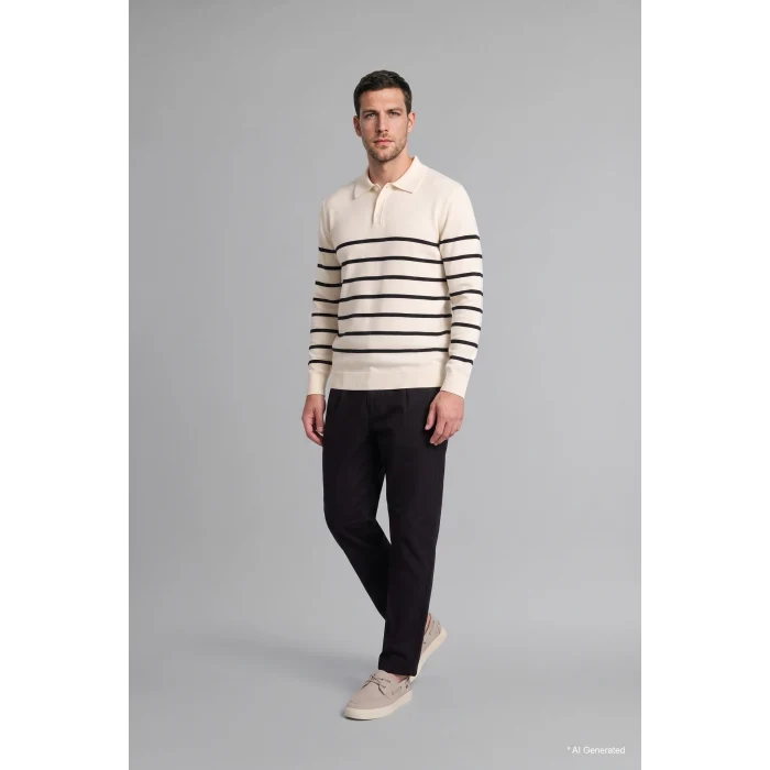 Defacto H7022AXER100 Ekru Standart Fit Çizgili Polo Yaka Triko Kazak