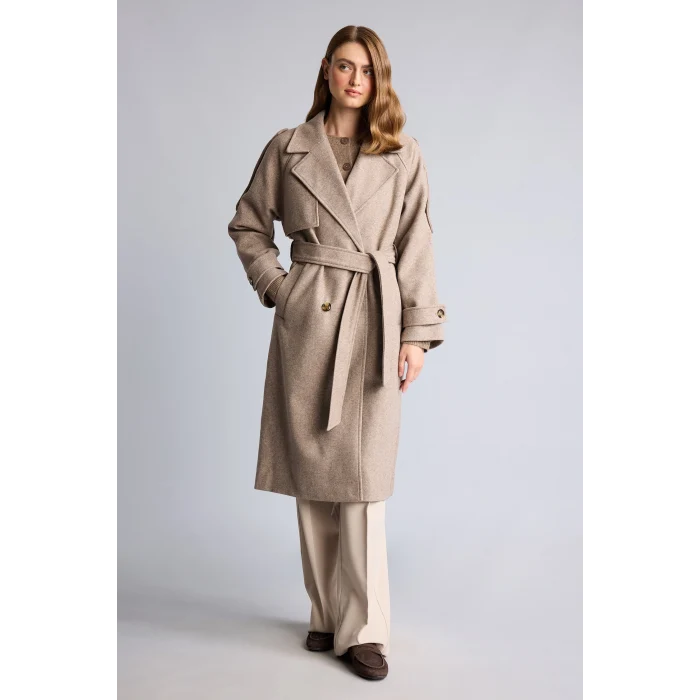 Defacto H3956AXBG646 Bej Regular Fit Geniş Yakalı Kuşaklı Kaşe Kaban