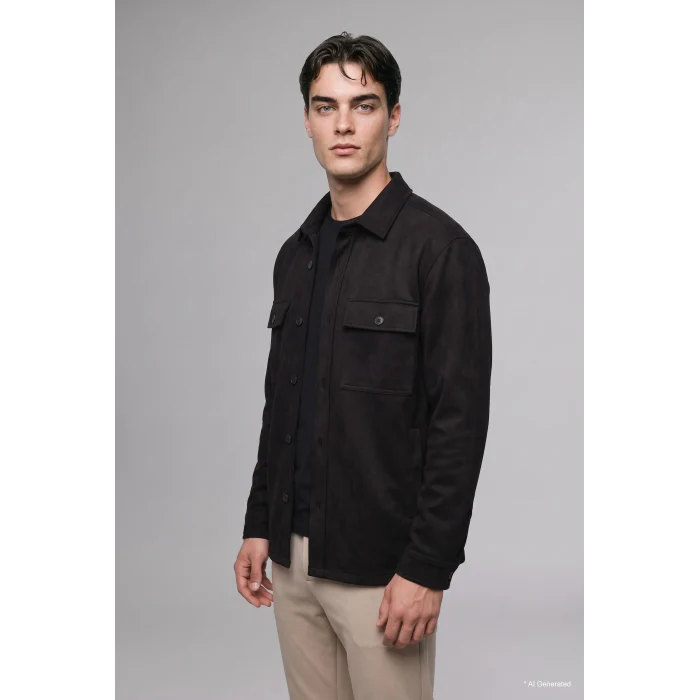 Defacto A5110AXBK27 Siyah Regular Fit Polo Yaka Cepli Süet Gömlek Ceket