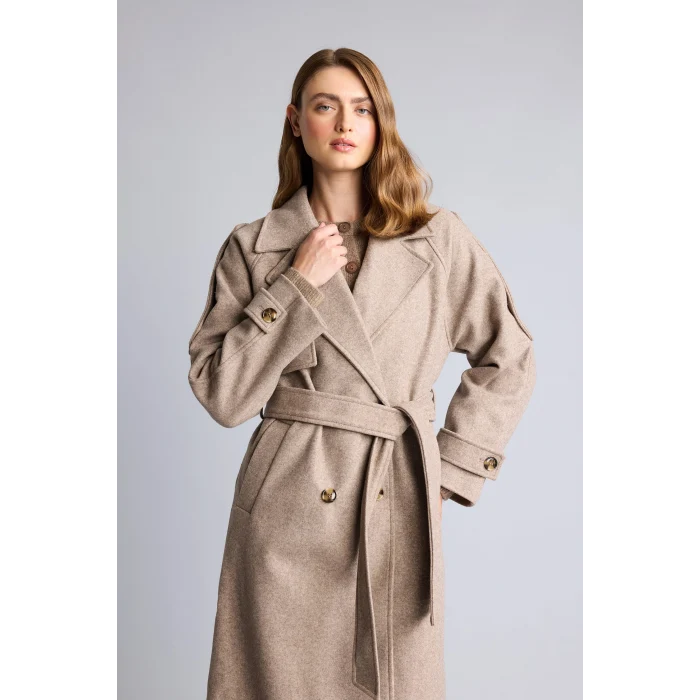 Defacto H3956AXBG646 Bej Regular Fit Geniş Yakalı Kuşaklı Kaşe Kaban