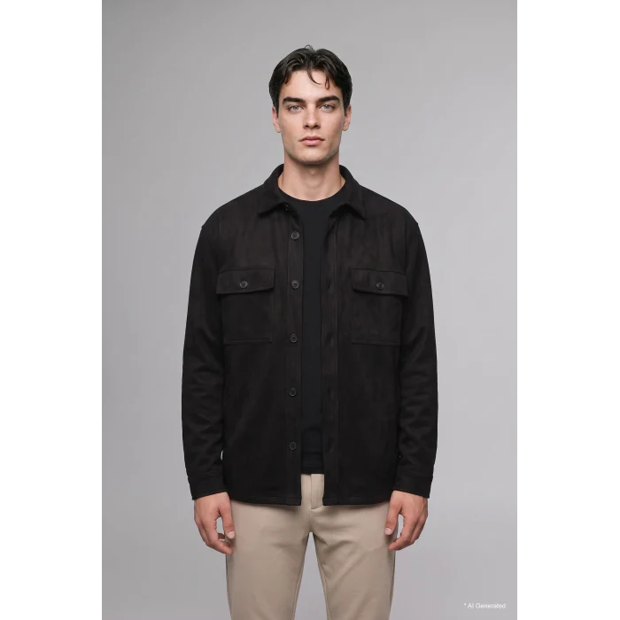 Defacto A5110AXBK27 Siyah Regular Fit Polo Yaka Cepli Süet Gömlek Ceket