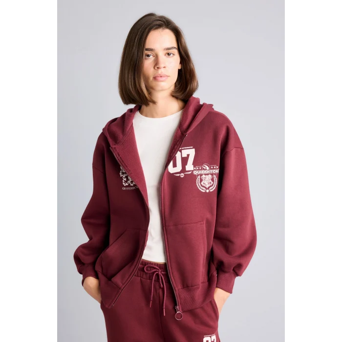 Defacto I3023AXBR98 Bordo Harry Potter Gryffindor Baskılı Kapüşonlu Oversize Fermuarlı Kalın Hırka Sweatshirt
