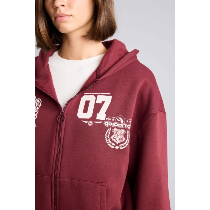 Defacto I3023AXBR98 Bordo Harry Potter Gryffindor Baskılı Kapüşonlu Oversize Fermuarlı Kalın Hırka Sweatshirt