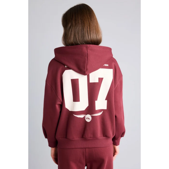 Defacto I3023AXBR98 Bordo Harry Potter Gryffindor Baskılı Kapüşonlu Oversize Fermuarlı Kalın Hırka Sweatshirt