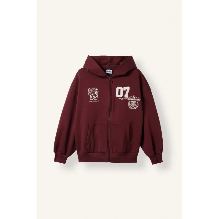 Defacto I3023AXBR98 Bordo Harry Potter Gryffindor Baskılı Kapüşonlu Oversize Fermuarlı Kalın Hırka Sweatshirt