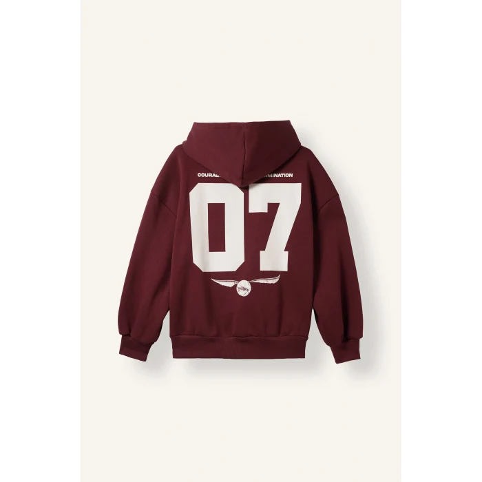 Defacto I3023AXBR98 Bordo Harry Potter Gryffindor Baskılı Kapüşonlu Oversize Fermuarlı Kalın Hırka Sweatshirt