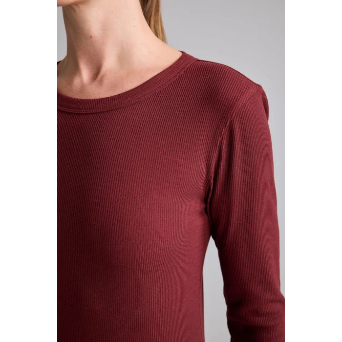 Defacto I4450AXBR115 Bordo Slim Fit Bisiklet Yaka Fitilli Kaşkorse Uzun Kollu Basic Tişört