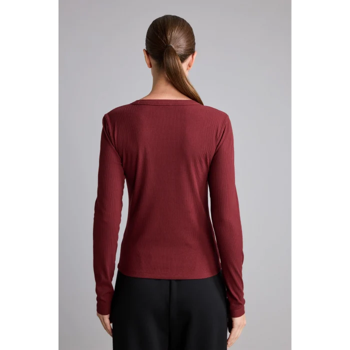 Defacto I4450AXBR115 Bordo Slim Fit Bisiklet Yaka Fitilli Kaşkorse Uzun Kollu Basic Tişört