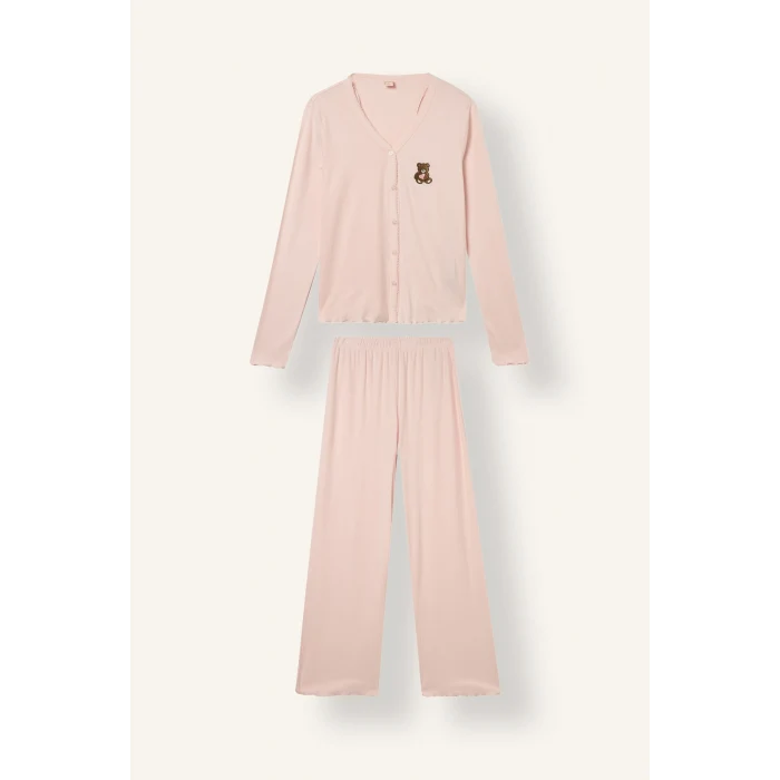 Defacto I6141AXPN436 Pembe Regular Fit V Yaka Düğmeli Nakışlı Uzun Kollu 2li Pijama Takımı
