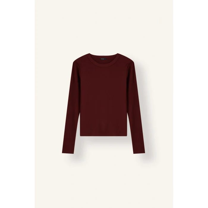 Defacto I4450AXBR115 Bordo Slim Fit Bisiklet Yaka Fitilli Kaşkorse Uzun Kollu Basic Tişört