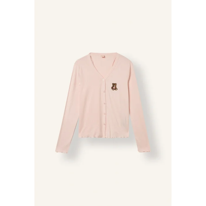 Defacto I6141AXPN436 Pembe Regular Fit V Yaka Düğmeli Nakışlı Uzun Kollu 2li Pijama Takımı