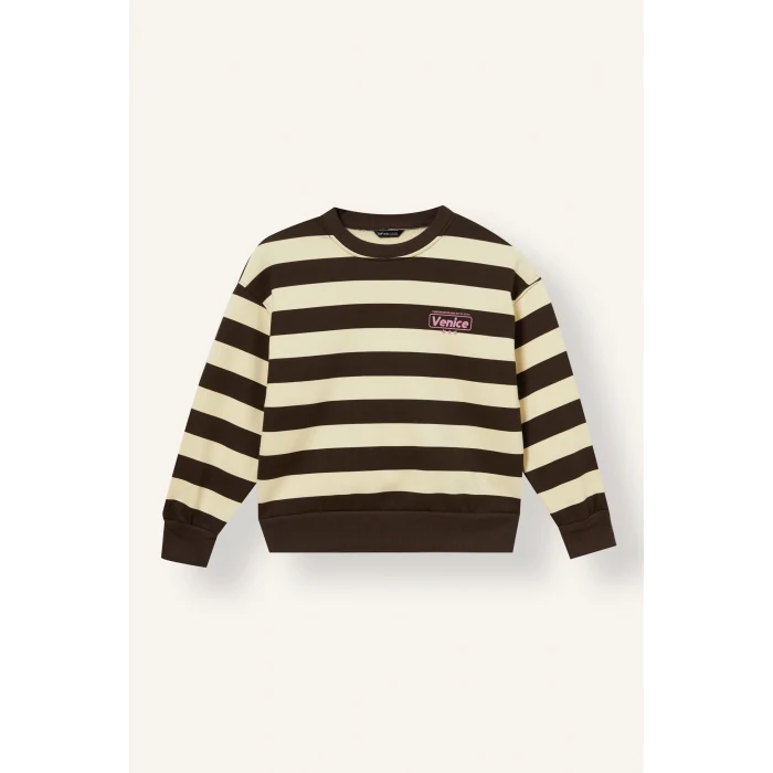 Defacto I8340A8BN581 Kahve Relaxed Fit Bisiklet Yaka Çizgili Baskılı İçi Yumuşak Tüylü Kalın Sweatshirt Kız Çocuk