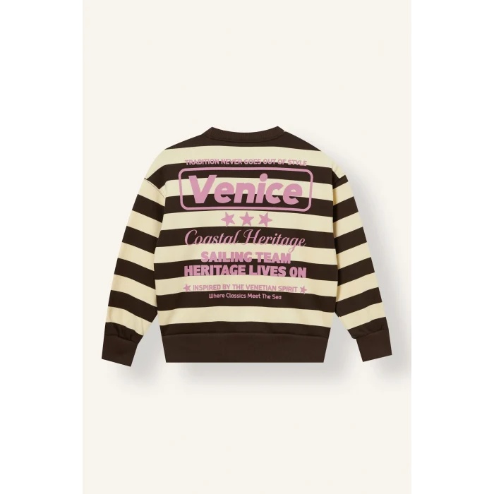 Defacto I8340A8BN581 Kahve Relaxed Fit Bisiklet Yaka Çizgili Baskılı İçi Yumuşak Tüylü Kalın Sweatshirt Kız Çocuk