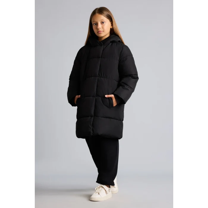 Defacto H6145A8BK27 Siyah Kapitone Kanguru Cepli Şişme Kapüşonlu Parka Kız Çocuk