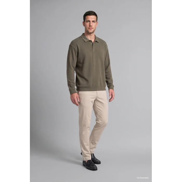 Defacto I2055AXKH422 Haki Regular Fıt Polo Yaka Fitilli Kadife Sweatshirt