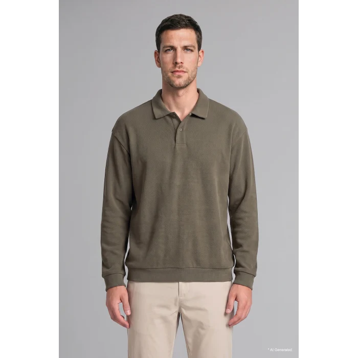 Defacto I2055AXKH422 Haki Regular Fıt Polo Yaka Fitilli Kadife Sweatshirt