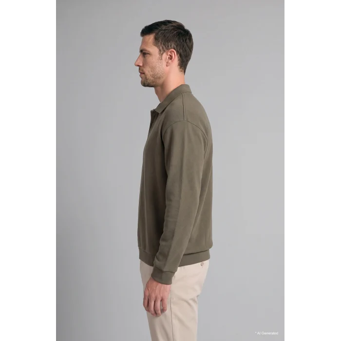 Defacto I2055AXKH422 Haki Regular Fıt Polo Yaka Fitilli Kadife Sweatshirt
