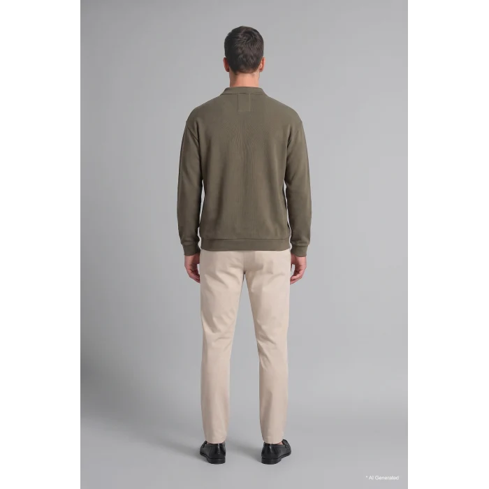 Defacto I2055AXKH422 Haki Regular Fıt Polo Yaka Fitilli Kadife Sweatshirt