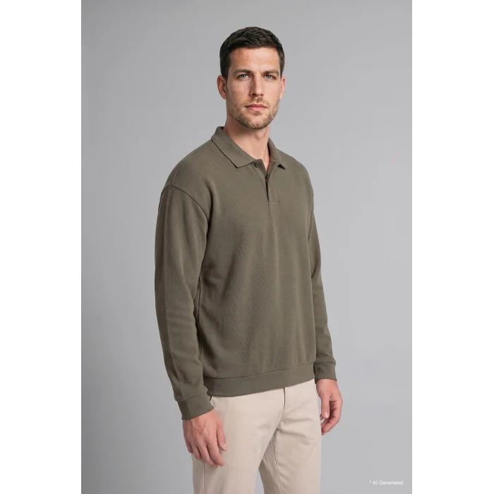 Defacto I2055AXKH422 Haki Regular Fıt Polo Yaka Fitilli Kadife Sweatshirt