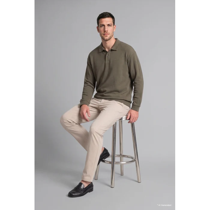 Defacto I2055AXKH422 Haki Regular Fıt Polo Yaka Fitilli Kadife Sweatshirt