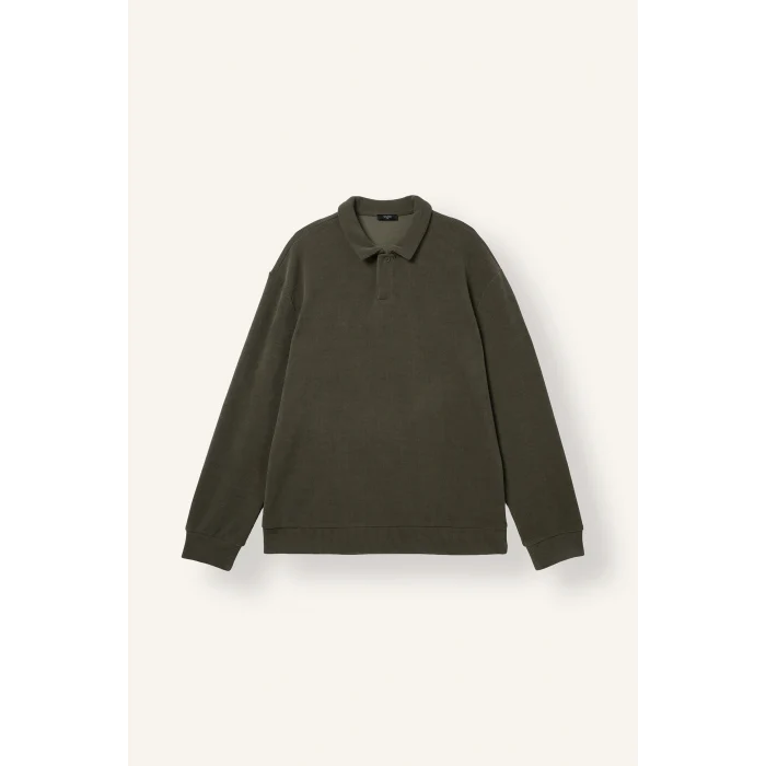 Defacto I2055AXKH422 Haki Regular Fıt Polo Yaka Fitilli Kadife Sweatshirt
