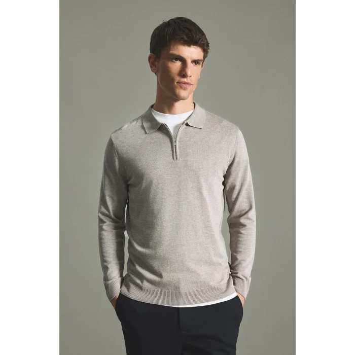Defacto H7595AXBG766 Bej Standart Fit Yarım Fermuarlı Polo Yaka Triko Basic Kazak
