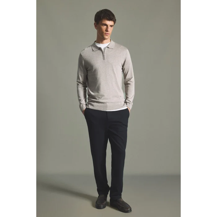 Defacto H7595AXBG766 Bej Standart Fit Yarım Fermuarlı Polo Yaka Triko Basic Kazak