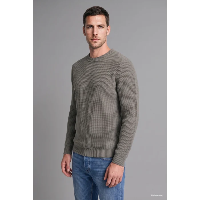Defacto C8814AXGN563 Yeşil Standart Fit Bisiklet Yaka Fitilli Triko Basic Kazak