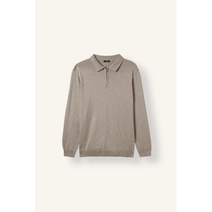 Defacto H7595AXBG766 Bej Standart Fit Yarım Fermuarlı Polo Yaka Triko Basic Kazak