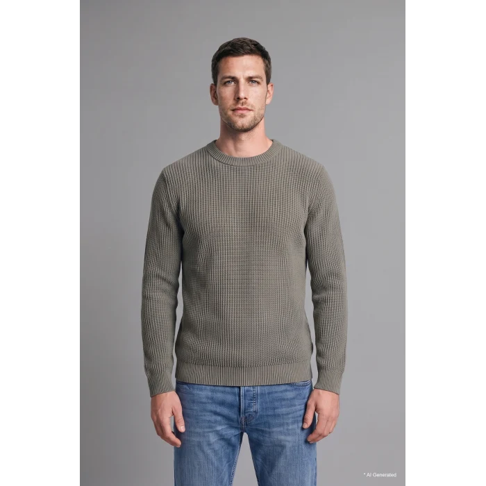 Defacto C8814AXGN563 Yeşil Standart Fit Bisiklet Yaka Fitilli Triko Basic Kazak