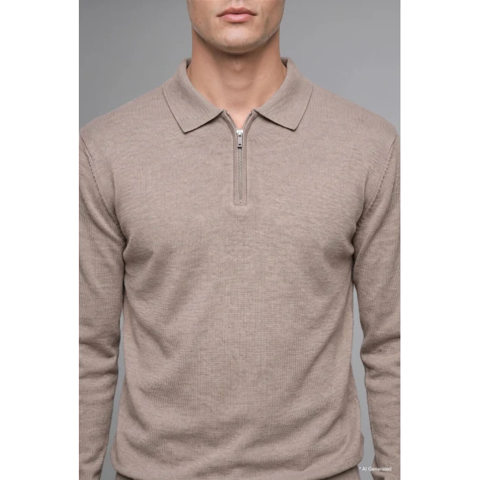 Defacto H7595AXBG766 Bej Standart Fit Yarım Fermuarlı Polo Yaka Triko Basic Kazak