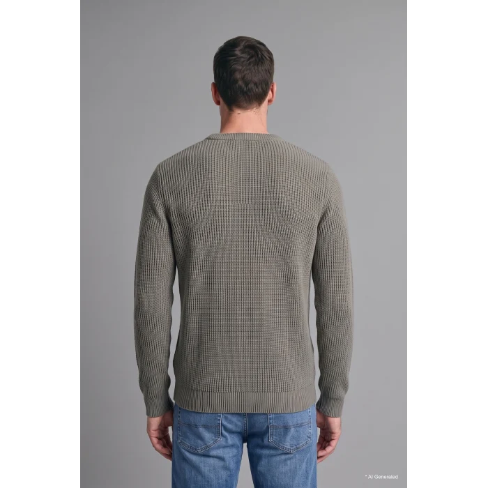 Defacto C8814AXGN563 Yeşil Standart Fit Bisiklet Yaka Fitilli Triko Basic Kazak