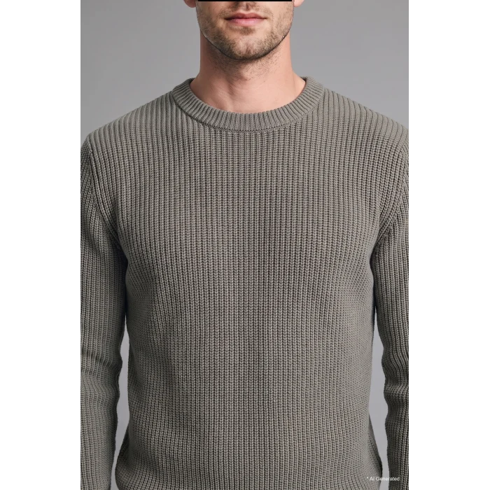 Defacto C8814AXGN563 Yeşil Standart Fit Bisiklet Yaka Fitilli Triko Basic Kazak