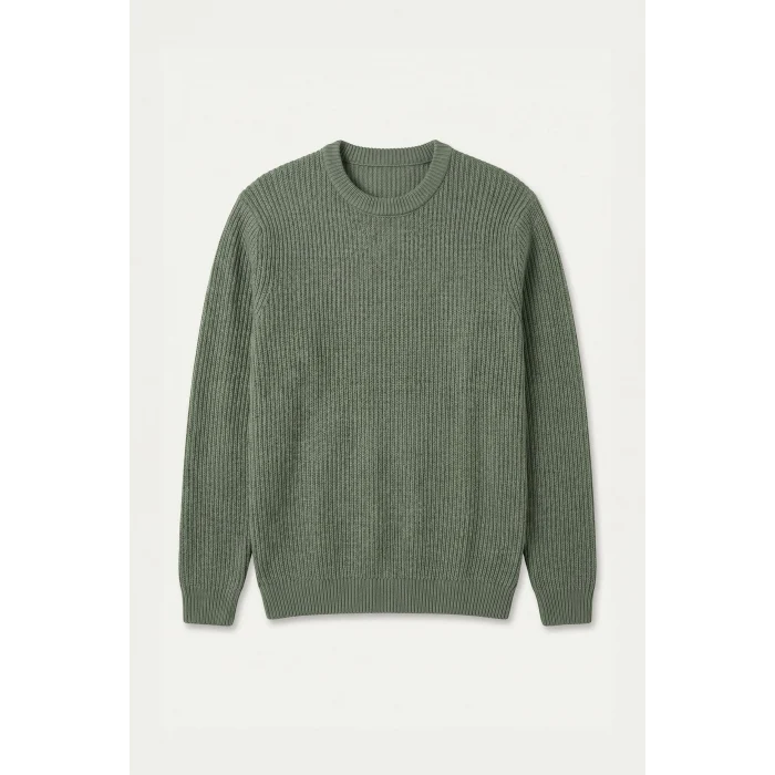 Defacto C8814AXGN563 Yeşil Standart Fit Bisiklet Yaka Fitilli Triko Basic Kazak