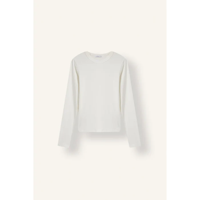 Defacto I4450AXER105 Ekru Slim Fit Bisiklet Yaka Fitilli Kaşkorse Uzun Kollu Basic Tişört
