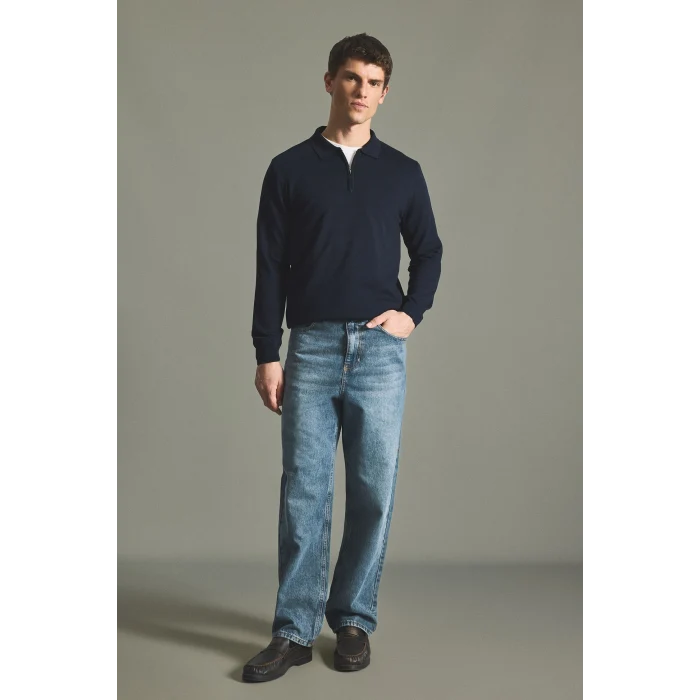 Defacto H7595AXNV135 Lacivert Standart Fit Yarım Fermuarlı Polo Yaka Triko Basic Kazak