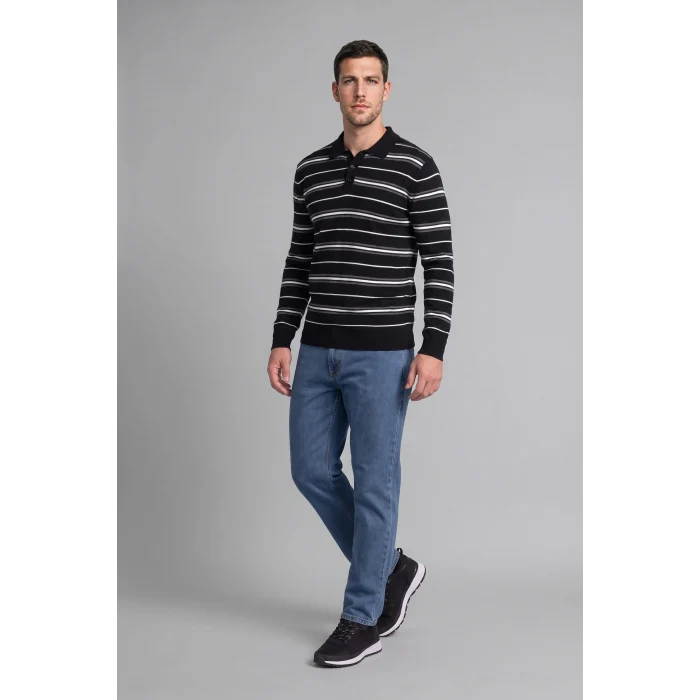 Defacto H8552AXNV64 Lacivert Standart Fit Polo Yaka Çizgili Triko Kazak