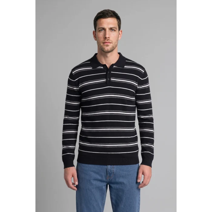 Defacto H8552AXNV64 Lacivert Standart Fit Polo Yaka Çizgili Triko Kazak